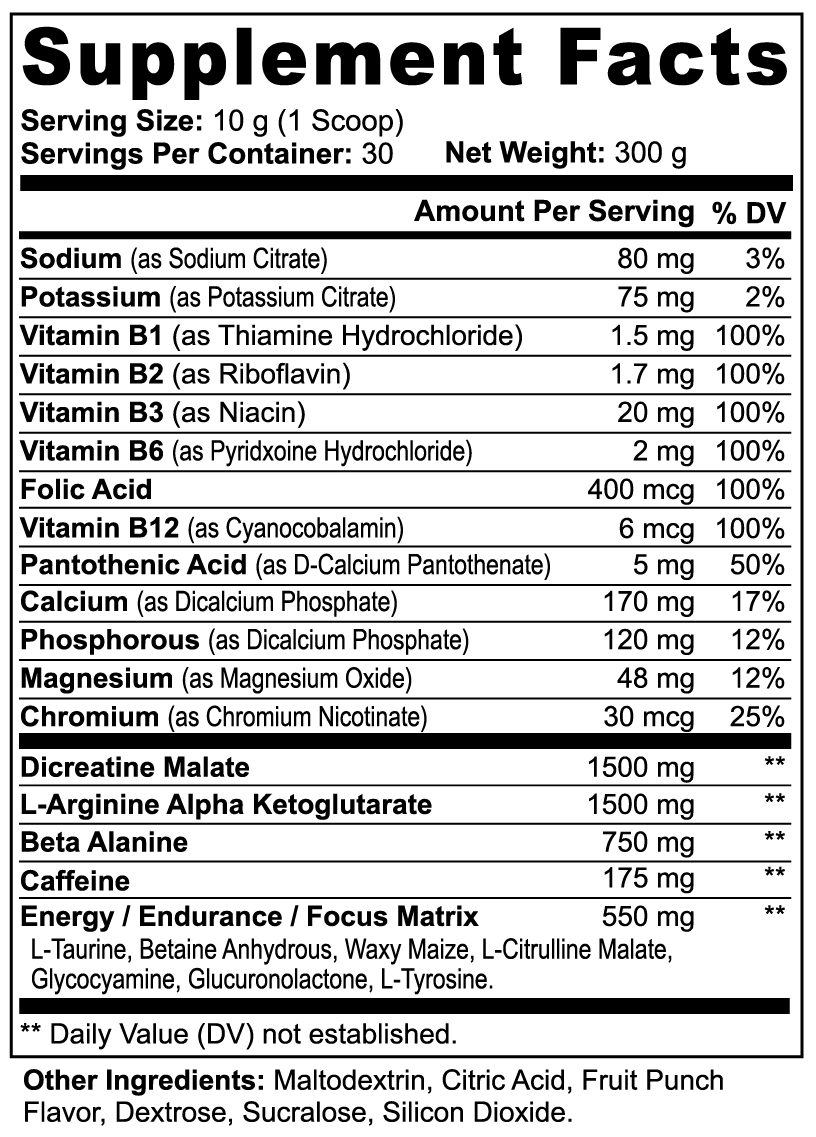 Fezek Nitric Shock Pre-Workout, Fruit Punch Supplement Facts panel